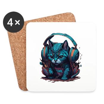 Groovy Beats: Chat coloré avec des écouteurs - Dessous de verre (lot de 4) - blanc - Devant