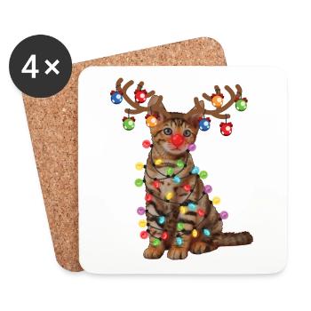 Chat jouet de Noël au chapeau de Père Noël et lumières de Noël - Dessous de verre (lot de 4) - blanc - Devant