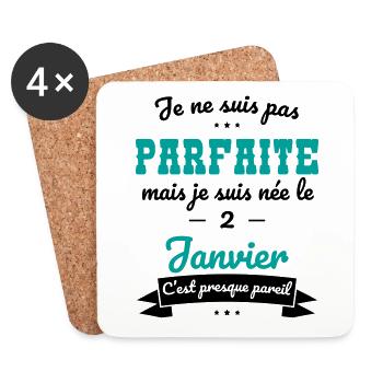 Anniversaire - Pas parfaite mais née 2 Janvier - Dessous de verre (lot de 4) - blanc - Devant