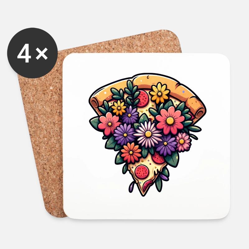 Humorvolles Pizzastück mit Blumen - Untersetzer (4er-Set) - Weiß