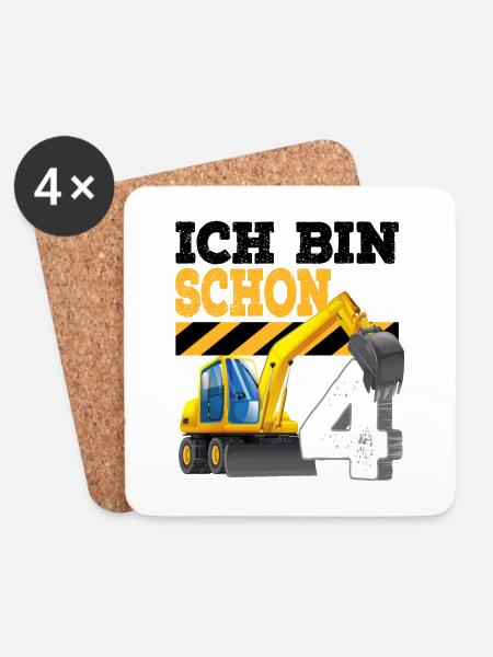 4. Geburtstag Bagger - Untersetzer (4er-Set) - Weiß