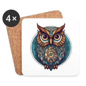 Eule mit Kreis türkis, süß; Cartoon Style, Boho - Untersetzer (4er-Set) - Weiß - Vorne