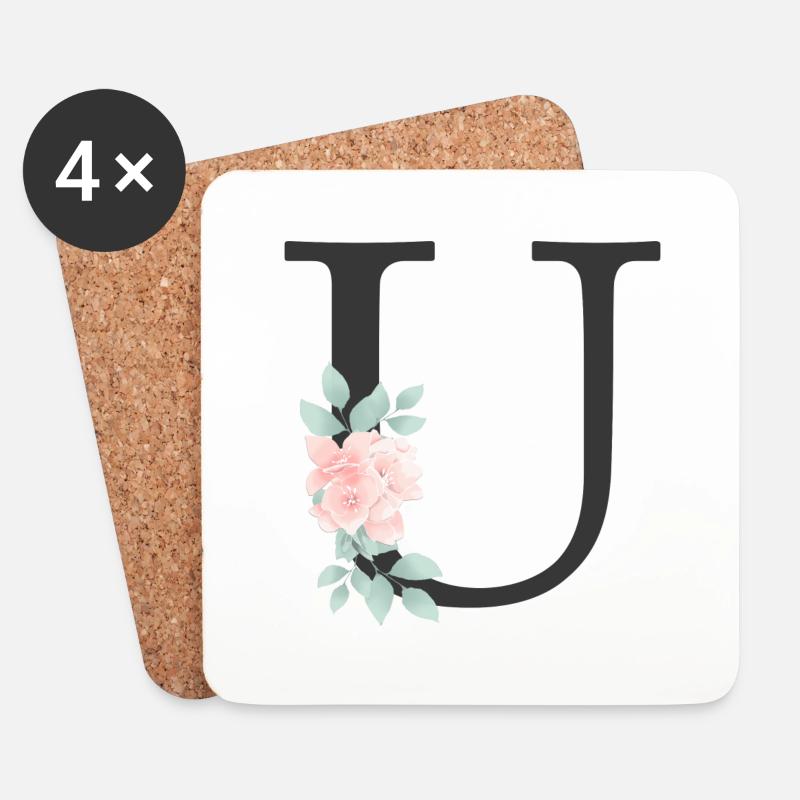 Personalisierbar Monogramm Pastell Floral U - Untersetzer (4er-Set) - Weiß