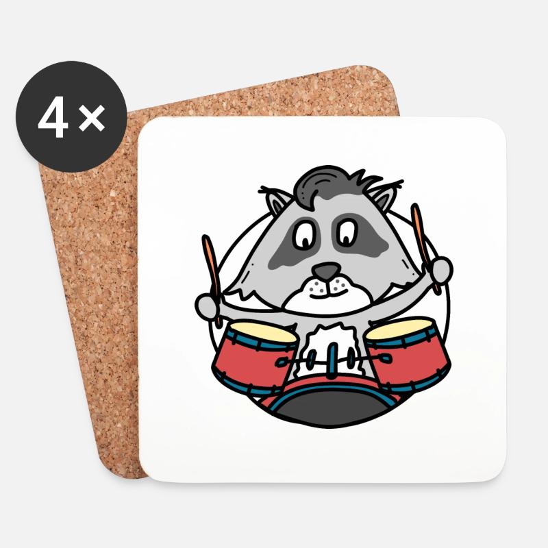 Waschbär mit Schlagzeug - Untersetzer (4er-Set) - Weiß