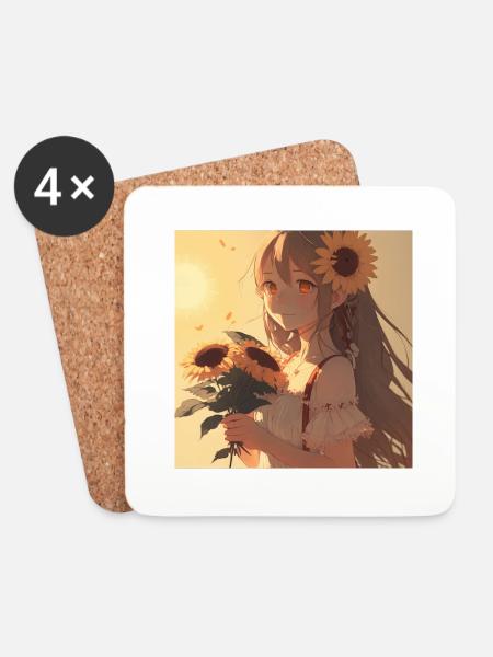 Anime Girl Anime Mädchen Waifu Otaku Sonnenblumen - Untersetzer (4er-Set) - Weiß