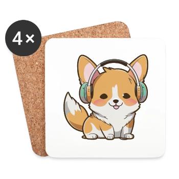 Kawaii Cute Happy Colorful Dog avec des écouteurs - Dessous de verre (lot de 4) - blanc - Devant
