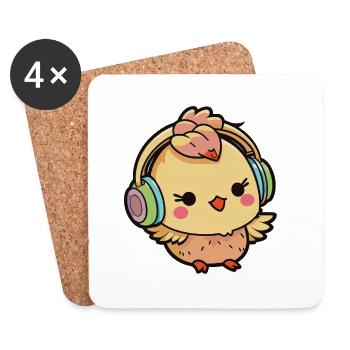 Kawaii Cute Happy Colorful Chicken avec des écouteurs - Dessous de verre (lot de 4) - blanc - Devant