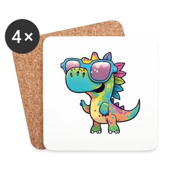 Kawaii Süßer Happy Colorful Dino mit Sonnenbrille - Untersetzer (4er-Set) - Weiß - Vorne