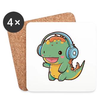 Kawaii Cute Happy Colorful Dino avec des écouteurs - Dessous de verre (lot de 4) - blanc - Devant