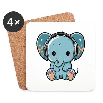 Kawaii Mignon Happy Colorful Elephant avec casque - Dessous de verre (lot de 4) - blanc - Devant
