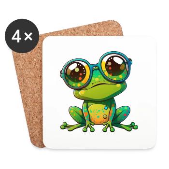 Kawaii mignon Happy Colorful Frog avec des lunettes de soleil - Dessous de verre (lot de 4) - blanc - Devant