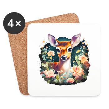 Cerf/Cerf avec fleurs I Trachtenshirt Dirndl Shirt - Dessous de verre (lot de 4) - blanc - Devant