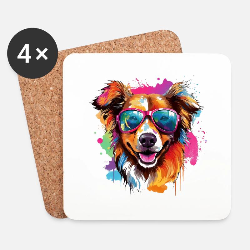 Cooler Hund mit Brille in bunten Farben. Hunde - Untersetzer (4er-Set) - Weiß