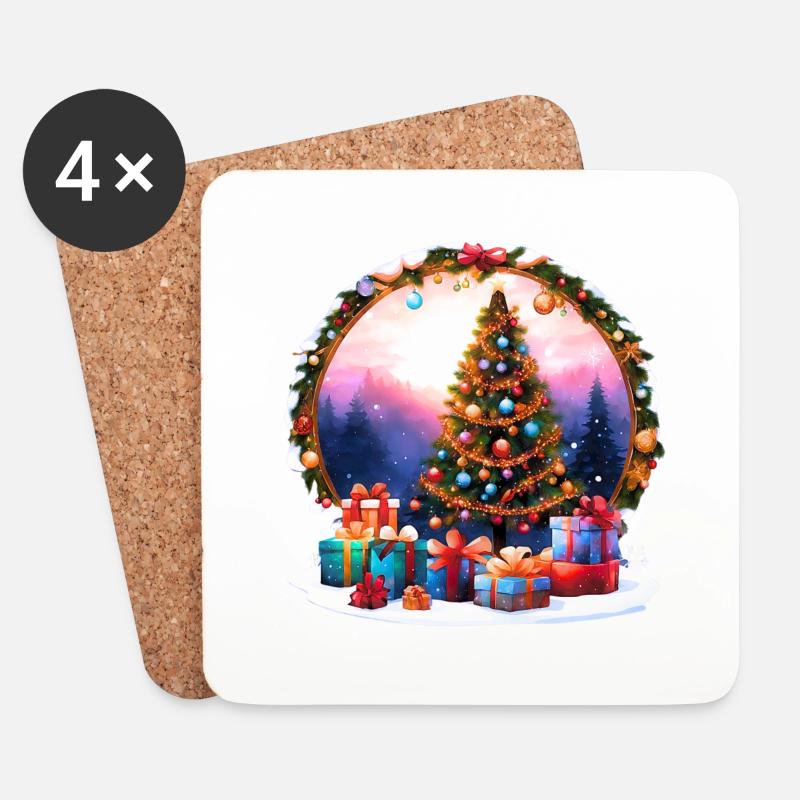 Farbenfroher Weihnachtsbaum mit Geschenken im Winterklima - Untersetzer (4er-Set) - Weiß