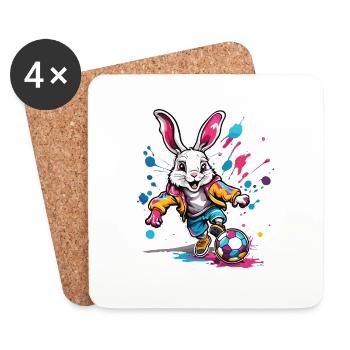 Lapin de football / Animal / Football / But / Sport - Dessous de verre (lot de 4) - blanc - Devant