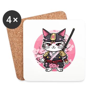 Chat samouraï & fleurs de cerisier #6 - Dessous de verre (lot de 4) - blanc - Devant