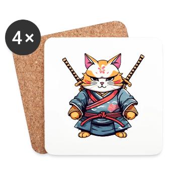 Chat samouraï #28 - Dessous de verre (lot de 4) - blanc - Devant