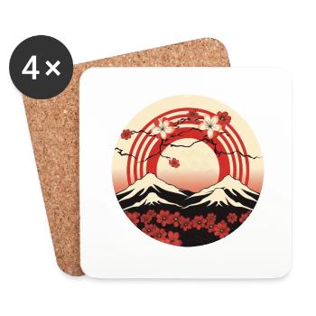Kyoto Mountains: Cherry Blossoms and Flag - Coasters (set of 4) - white - Front
