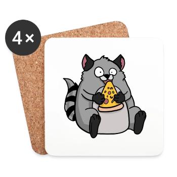 Fat Raccoon Eating Pizza Funny Comic Style - Coasters (set of 4) - white - Front