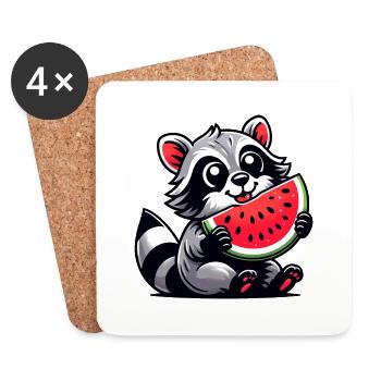 Waschbär Mit Wassermelone Fruchtig Lustig - Untersetzer (4er-Set) - Weiß - Vorne