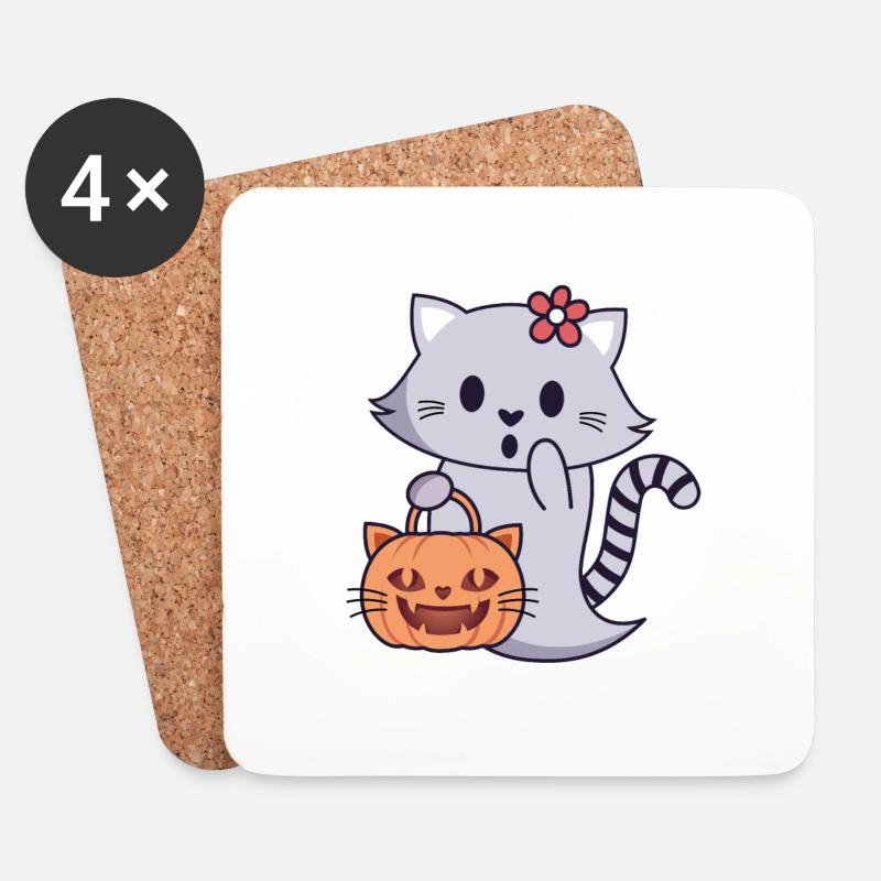 Katzengeist mit Kürbistasche - Untersetzer (4er-Set) - Weiß