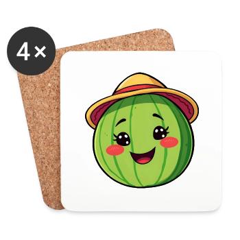 Smiling Watermelon with Sun Hat - Quirky Comic Art - Coasters (set of 4) - white - Front