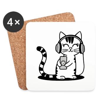 chat mignon écoutant de la musique casque chaton - Dessous de verre (lot de 4) - blanc - Devant