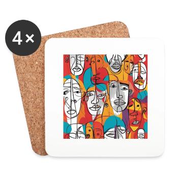 Vibrant Abstract Faces – Contemporary Line Art - Coasters (set of 4) - white - Front