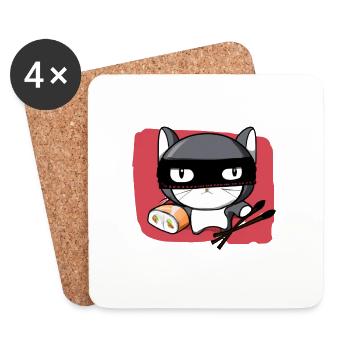 Chat kawaii ninja baguette japonaise accro sushi - Dessous de verre (lot de 4) - blanc - Devant