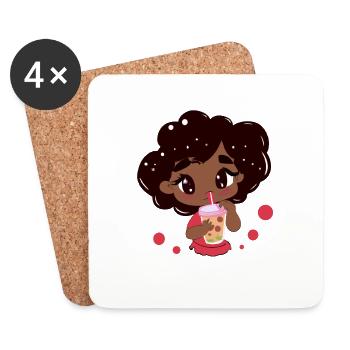 Kawaii Afrikanisches schwarzes Mädchen trinkt Bubble Tea - Untersetzer (4er-Set) - Weiß - Vorne
