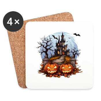 Maison hantée effrayante Chauve-souris à la citrouille d’Halloween - Dessous de verre (lot de 4) - blanc - Devant