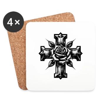 Rose with thorns on a cross - Coasters (set of 4) - white - Front