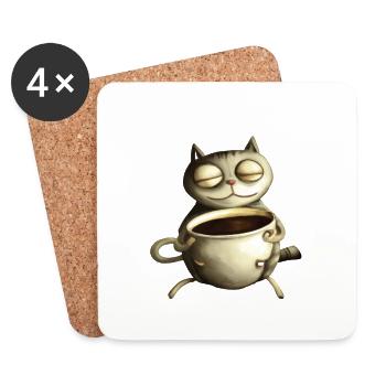 Le chat boit un café - Dessous de verre (lot de 4) - blanc - Devant