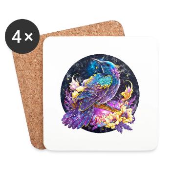 Oiseau de nuit, merle, rossignol, fleurs, en détresse - Dessous de verre (lot de 4) - blanc - Devant