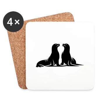 Phoques mignons sur la plage de la mer - Dessous de verre (lot de 4) - blanc - Devant