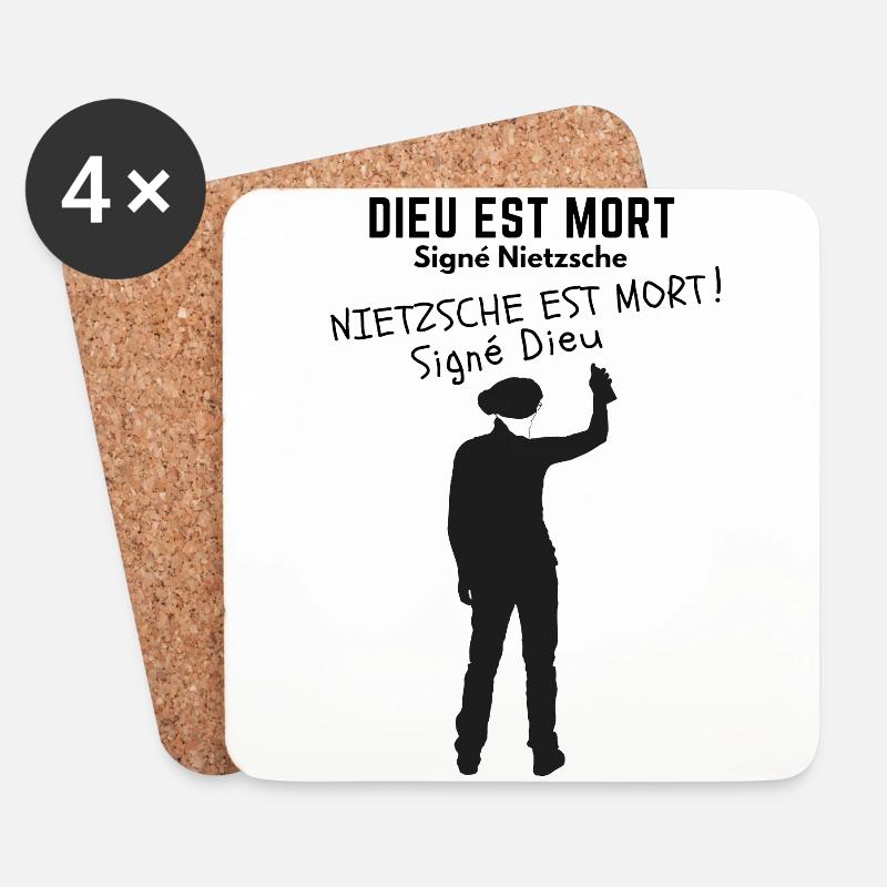 God is dead signed Nietzsche, Nietzsche is dead - Coasters (set of 4) - white