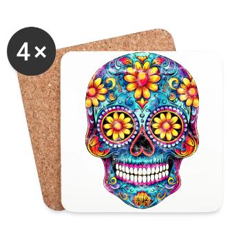 Crâne mexicain, fleurs, crâne, fleurs - Dessous de verre (lot de 4) - blanc - Devant