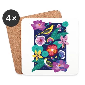 Flowers Leaves Bird Print Graphic / Illustration - Coasters (set of 4) - white - Front