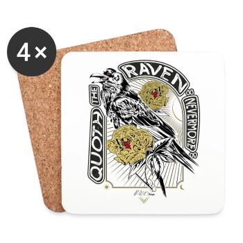 Raven and Peonies - Hand Drawn - Reading - Coasters (set of 4) - white - Front