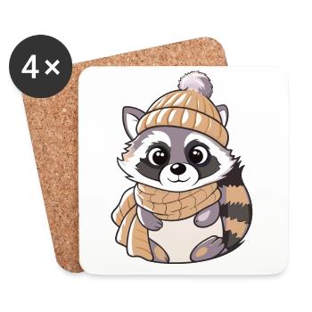 Raton laveur mignon avec écharpe et chapeau à pompon. - Dessous de verre (lot de 4) - blanc - Devant