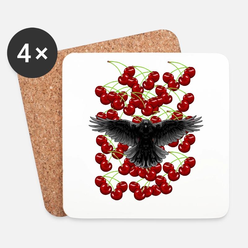 80er 90er Vögel Krähe Kirschen Raben Retro - Untersetzer (4er-Set) - Weiß