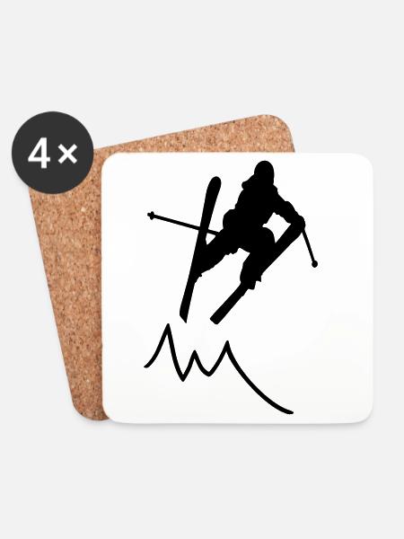 ski jumper contour with mountain / skier III - Coasters (set of 4) - white