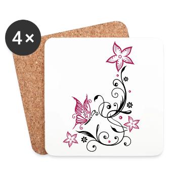 Flowers with filigree floral ornament, butterfly - Coasters (set of 4) - white - Front