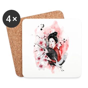 Geisha Sakura Japanisches Motiv Aquarell - Untersetzer (4er-Set) - Weiß - Vorne