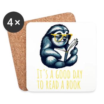 Sloth reads a book, read, books, library - Coasters (set of 4) - white - Front
