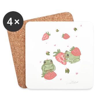 Hand-drawn kawaii frogs with strawberrys - Coasters (set of 4) - white - Front
