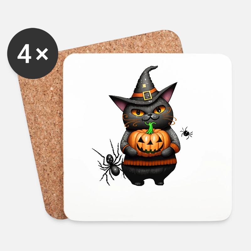 Halloween-Katze und Kürbis - Untersetzer (4er-Set) - Weiß