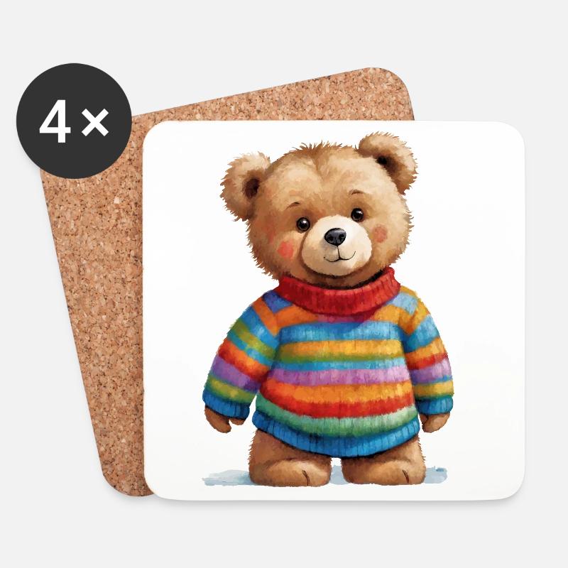 Teddy im gestreiften Pullover Aquarellzauber - Untersetzer (4er-Set) - Weiß