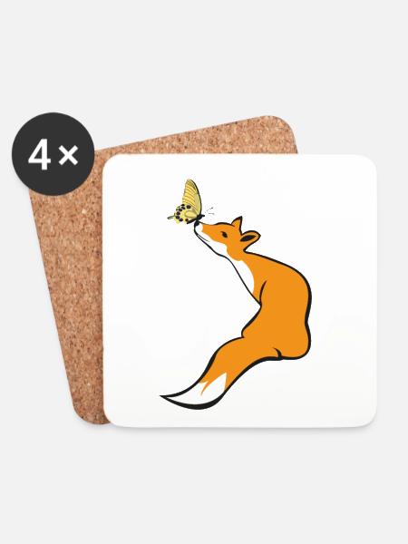 Playful fox with butterfly - Coasters (set of 4) - white