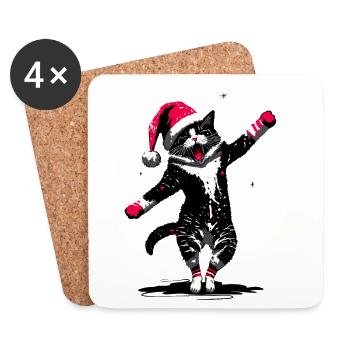 Chat dansant dans la neige avec le chapeau du Père Noël - Dessous de verre (lot de 4) - blanc - Devant